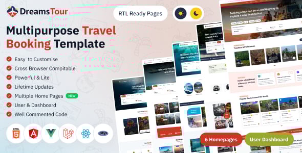 DreamsTour - Travel & Tour Booking System Template (Html, Laravel, React, Vue, Angular)